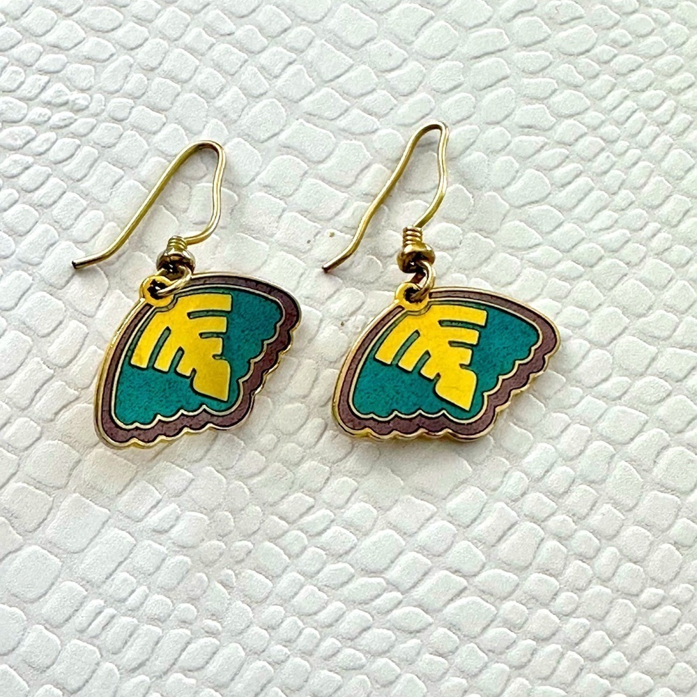 Vintage Laurel Burch Enamel Earrings Teal Gold Abstract Wing 1980s Cloisonné - Picture 2 of 3